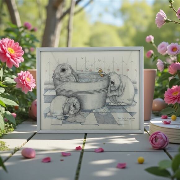 Susan B. Rupp "Hare Spray" 1992 Bunny Bath Print #912/950 Signed 8" x 10" - Picture 1 of 7